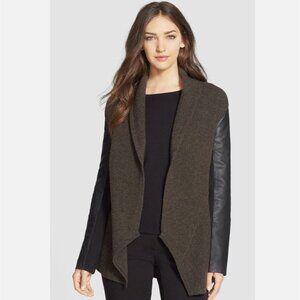 Eileen Fisher Peat Brown Wool Black Leather Sleeves Cardigan Sweater Jacket XL